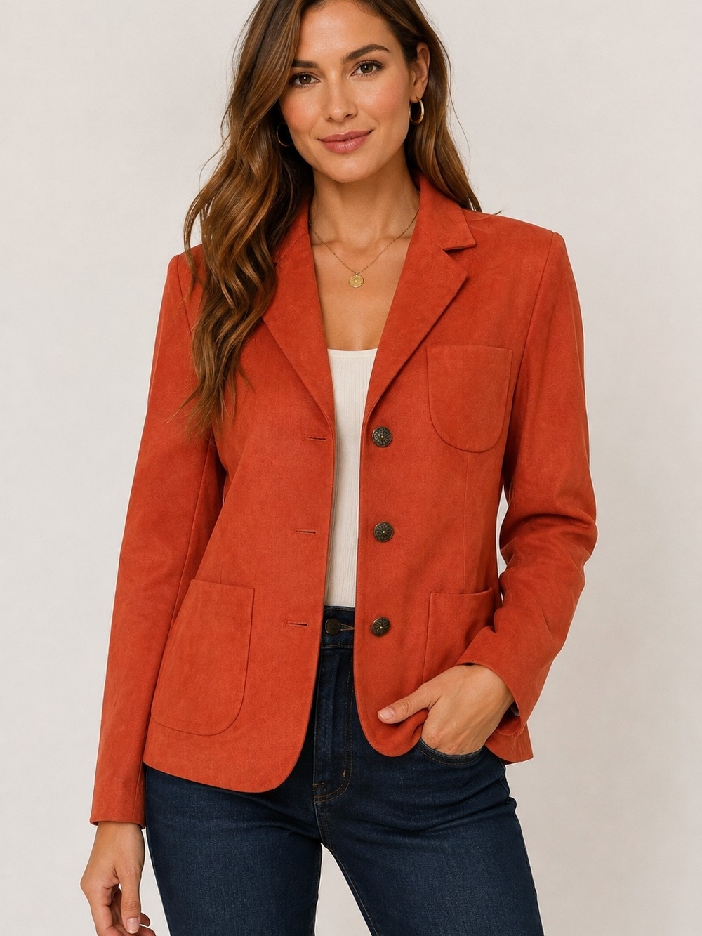 Pierre Cardin Women's Faux Suede Blazer Jacket Rust Orange 3 Button Size 8